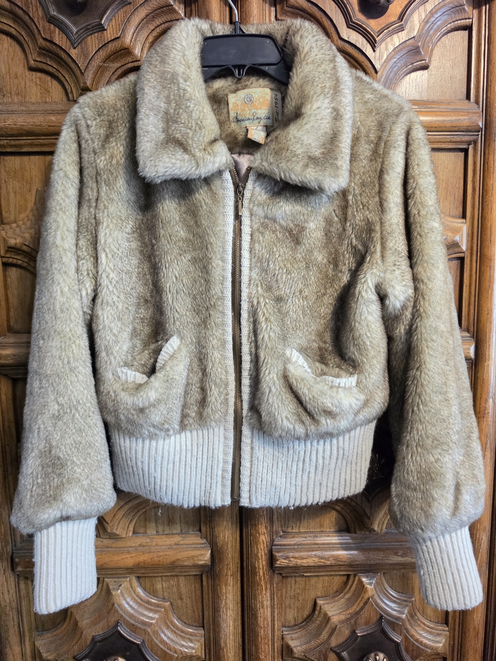 Vintage American Rag Faux Fur Bomber Jacket Y2K Tan Brown Ribbed Trim Coat Large